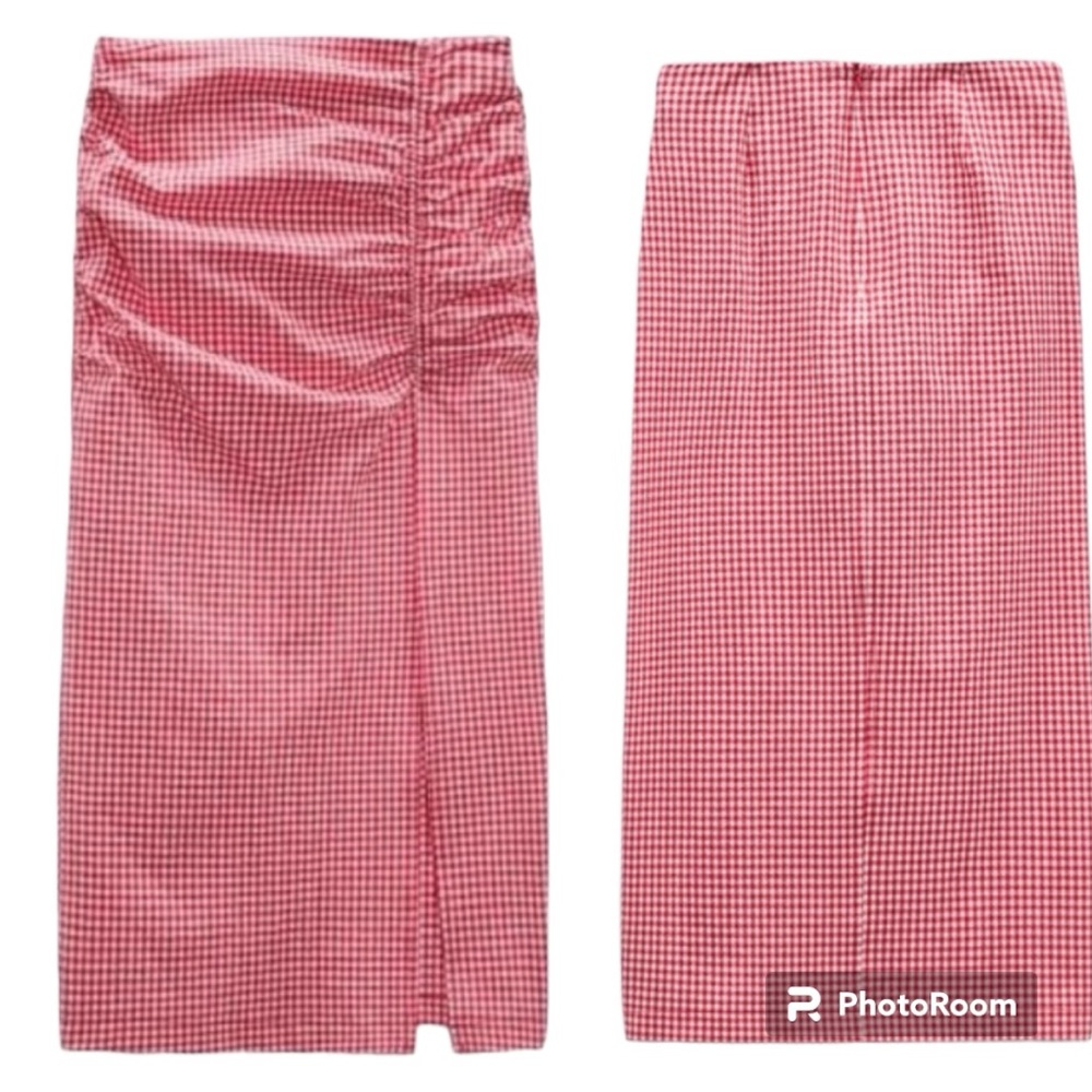 Zara Red Gingham Midi Skirt